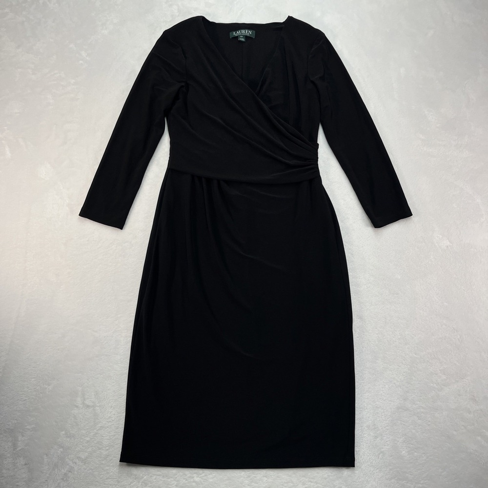 Lauren Ralph Lauren Faux Wrap Sheath Dress Womens Petite 0 Vneck Black Classic